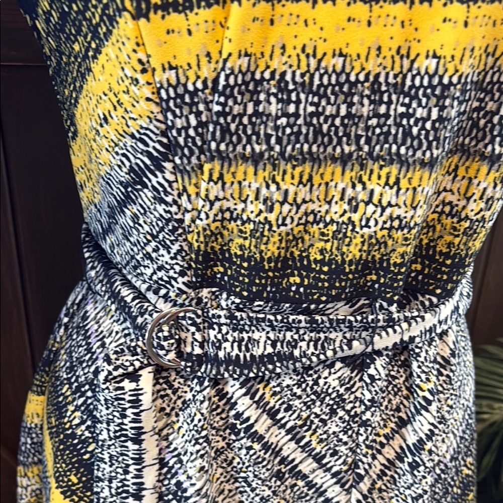 Yellow and Blue Sleeveless Midi A-line Dress with Crew Neck for Work - Picture 6 of 10